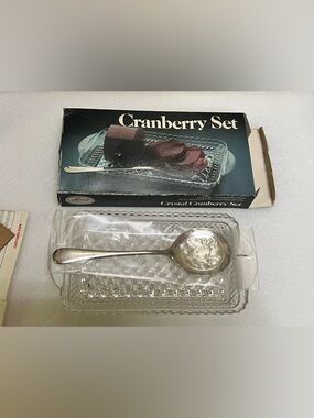 Leonard Silver Co Vintage Crystal Cranberry Set Glass Tray & Spoon new in Box